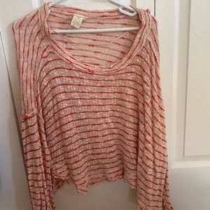 Free People Off- White and Red Striped Knit Sweater